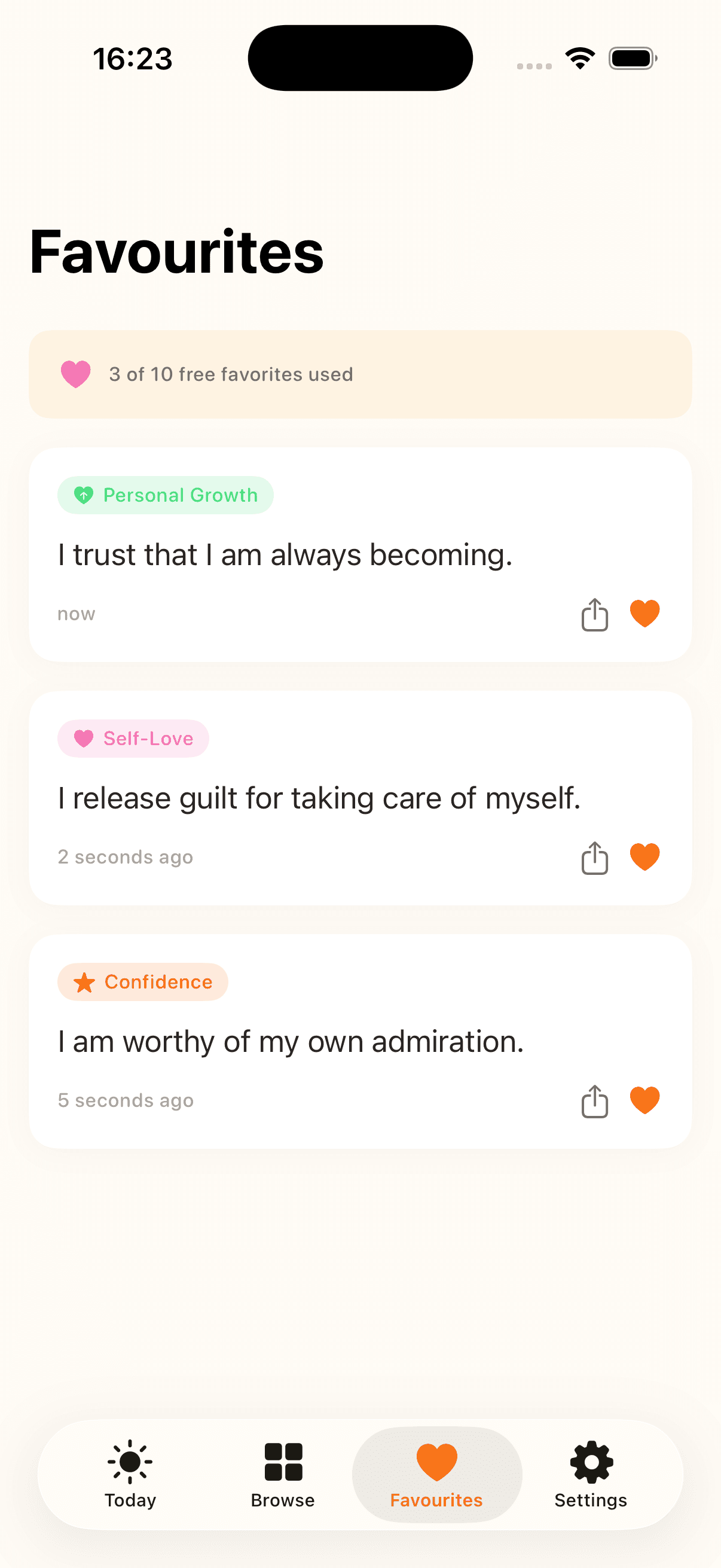 Favourites collection screen