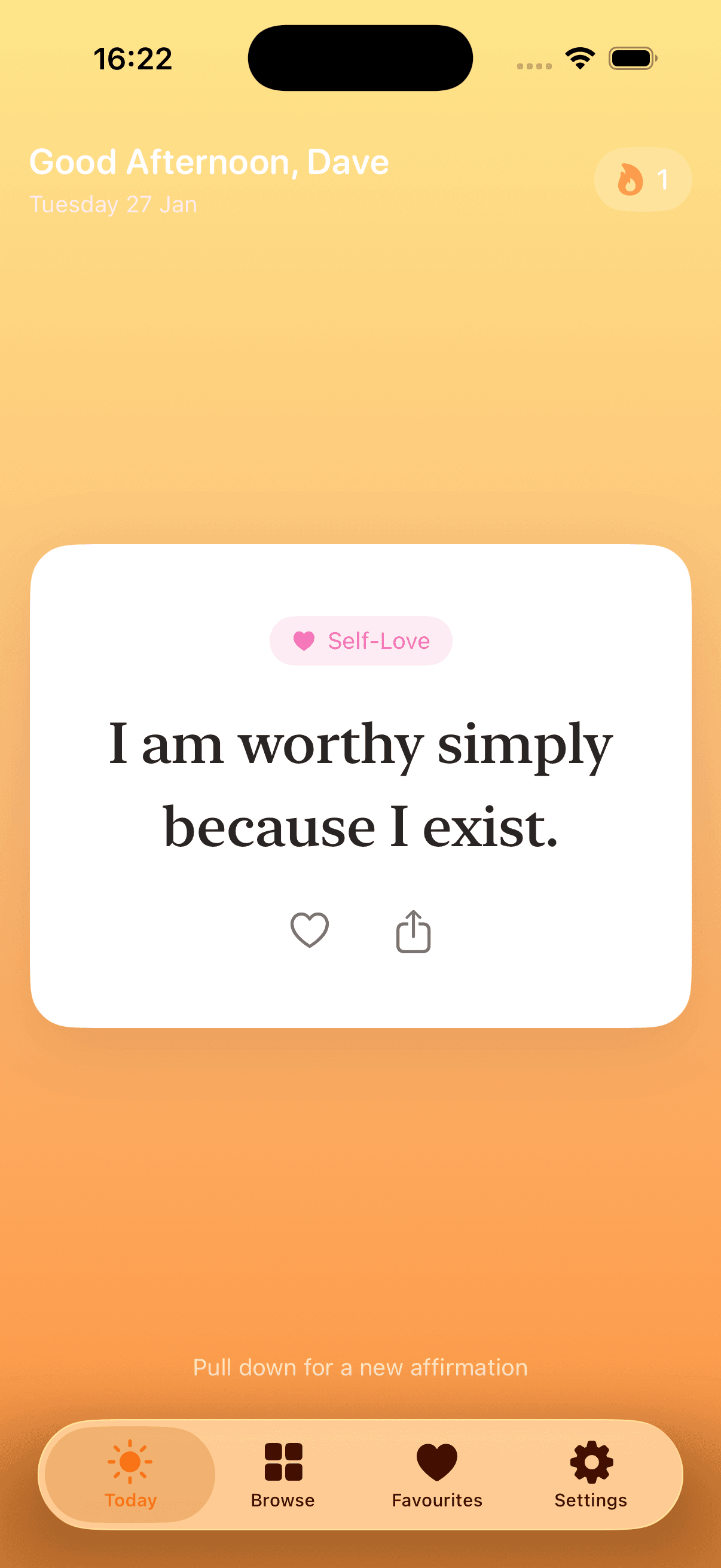MornLift daily affirmation screen showing a self-love affirmation
